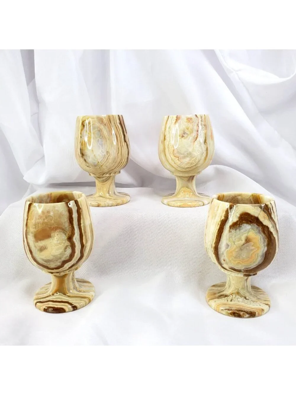 4 Polished Natural Hand Carved Marble Onyx Stone Cup Goblets 4